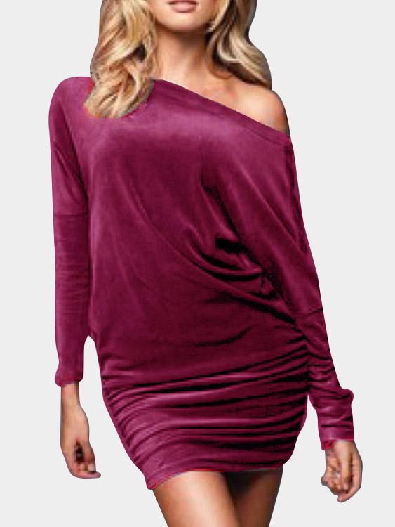 Burgundy One Shoulder Long Sleeve Mini Dress