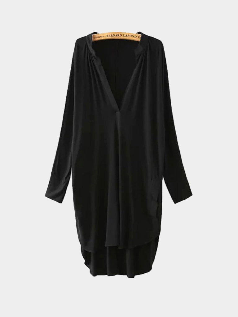 Black V-Neck Long Sleeve Plain Side Pockets Irregular Hem Dresses