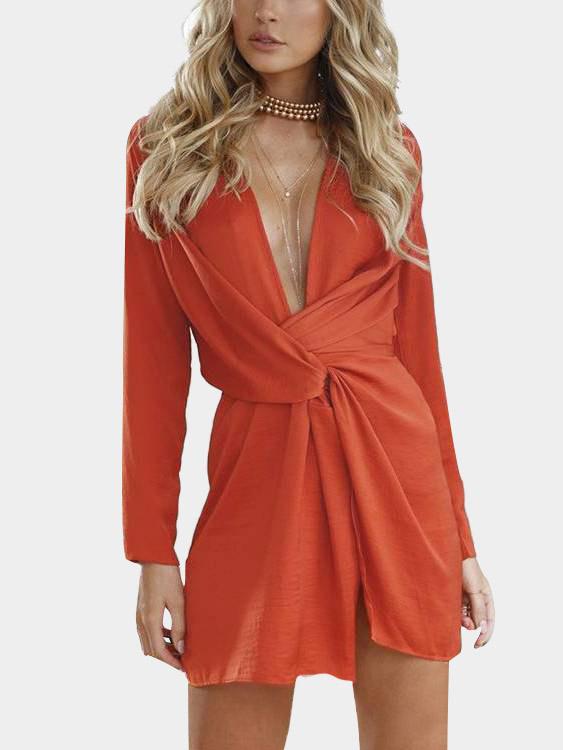 Womens Orange V-Neck Dresses