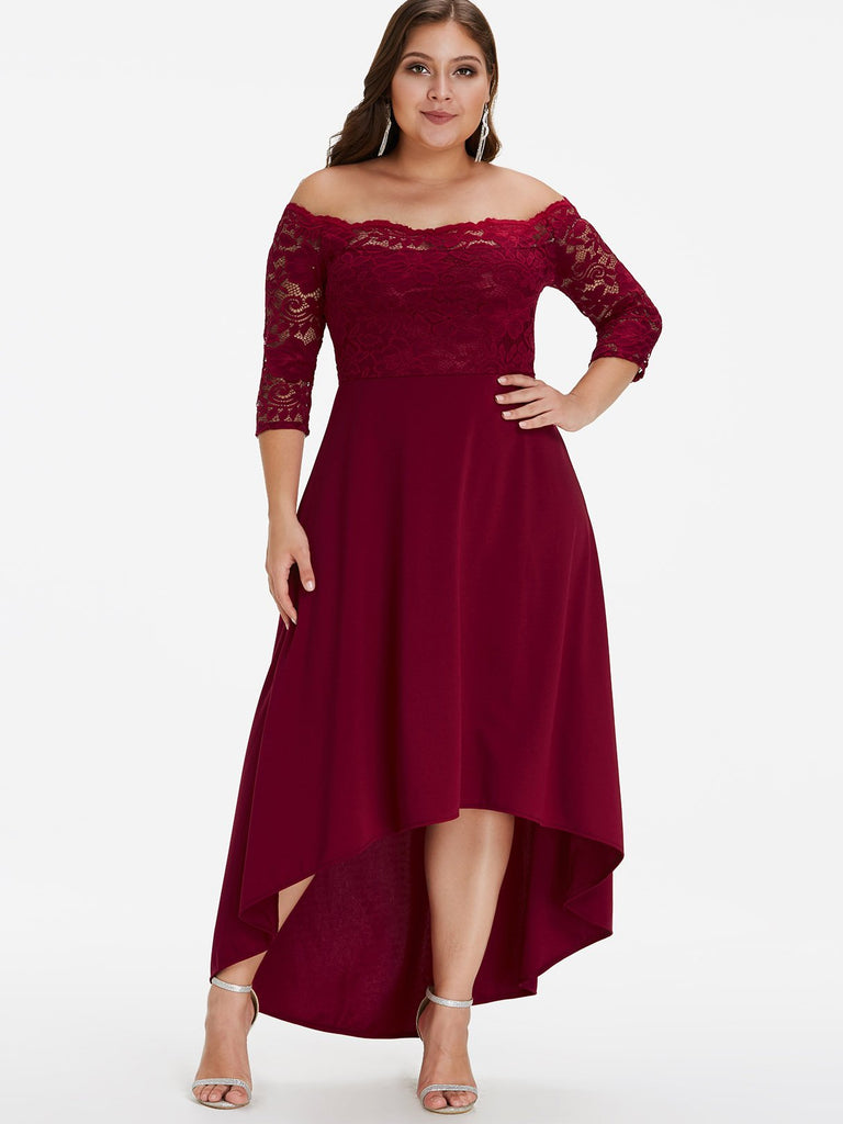 Off The Shoulder Plain Lace 3/4 Sleeve High-Low Hem Burgundy Plus Size Dress