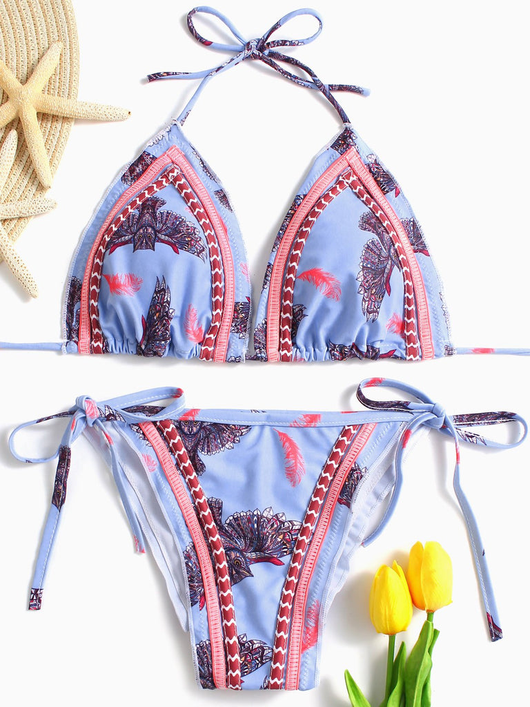 V-Neck Sleeveless Printed Backless Pleated Tie-Up Bikinis