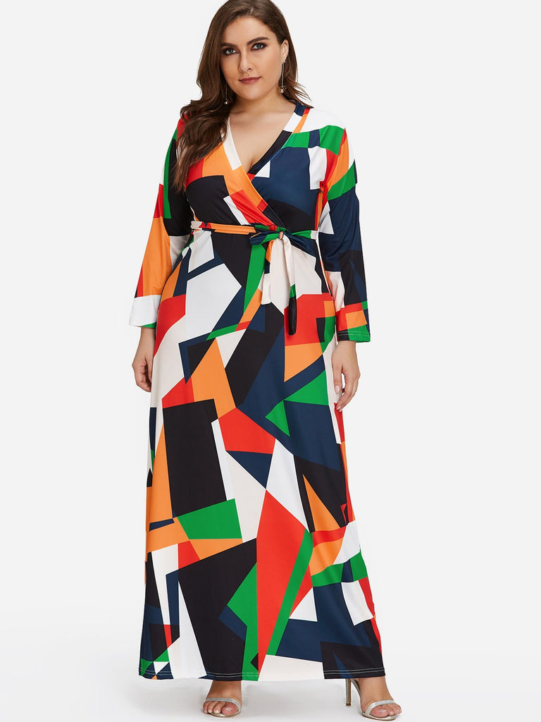 V-Neck Geometrical Self-Tie Wrap Long Sleeve Plus Size Dress