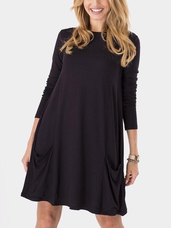 Black Round Neck Long Sleeve Plain Casual Dresses