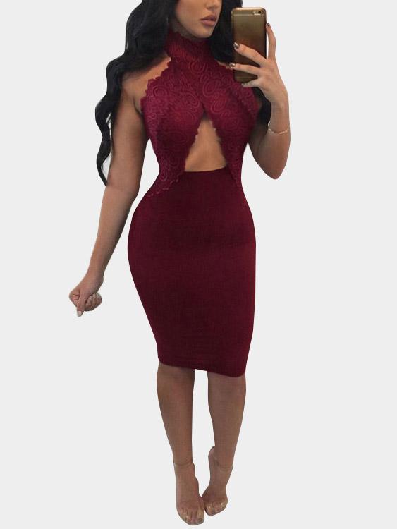 Burgundy Halter Sleeveless Lace Cut Out Bodycon Hem Sexy Dresses