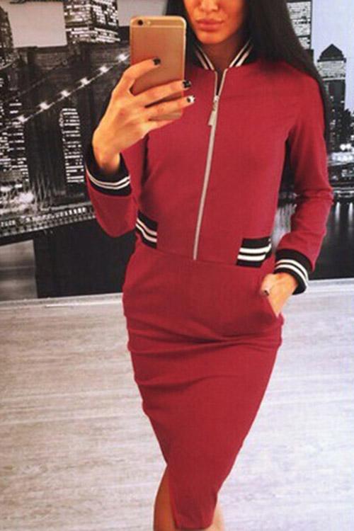 Red High Neck Long Sleeve Plain Side Pockets Slit Hem Midi Dress