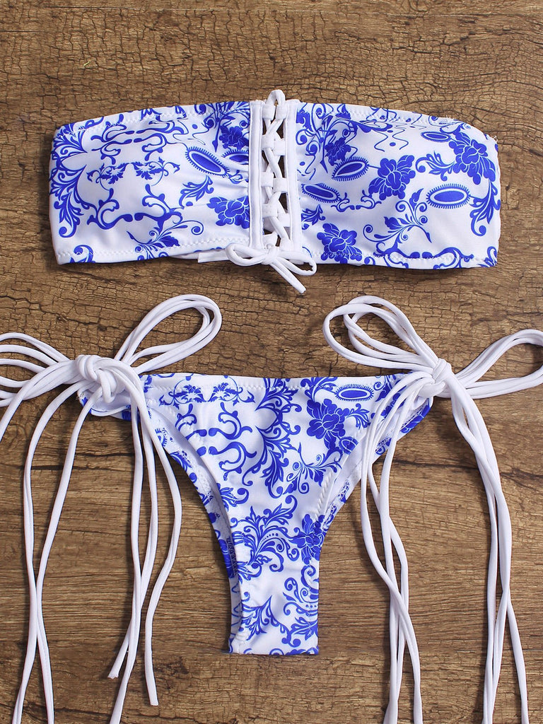 White Halter Sleeveless Floral Print Lace-Up Bikini Set