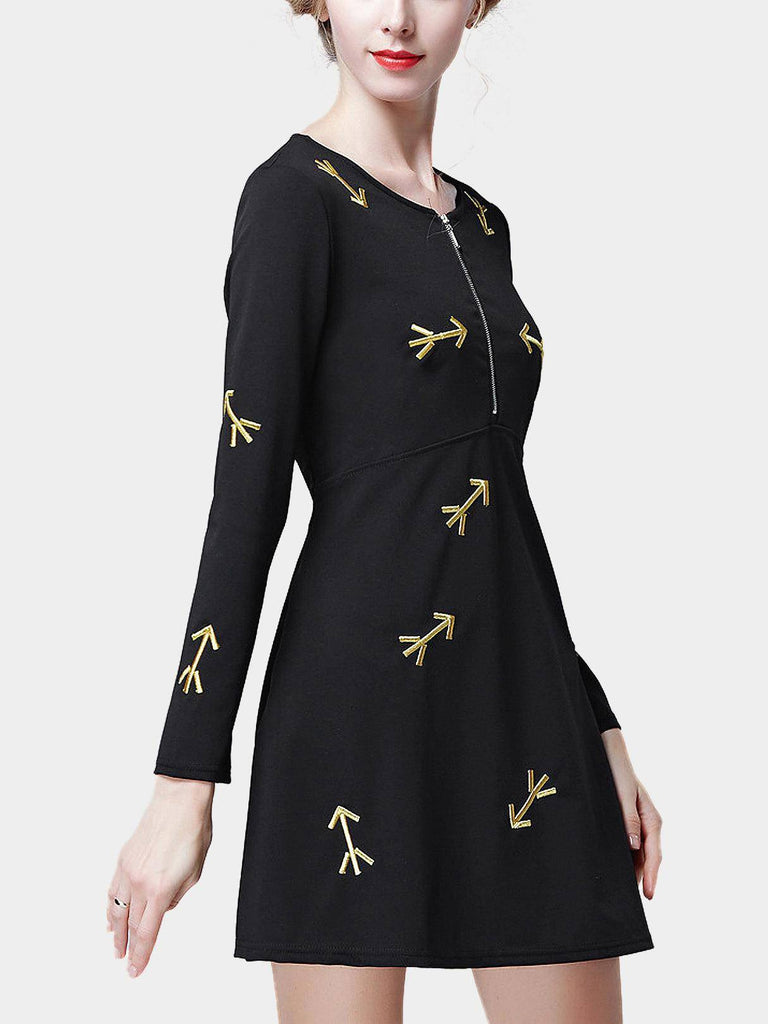 Black Round Neck Long Sleeve Embroidered Zip Back Curved Hem Mini Dresses