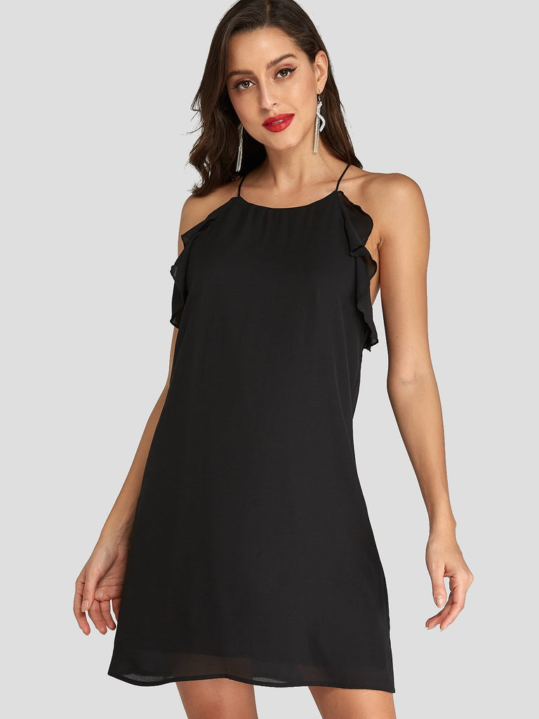 Black Round Neck Sleeveless Backless Criss-Cross Casual Dresses