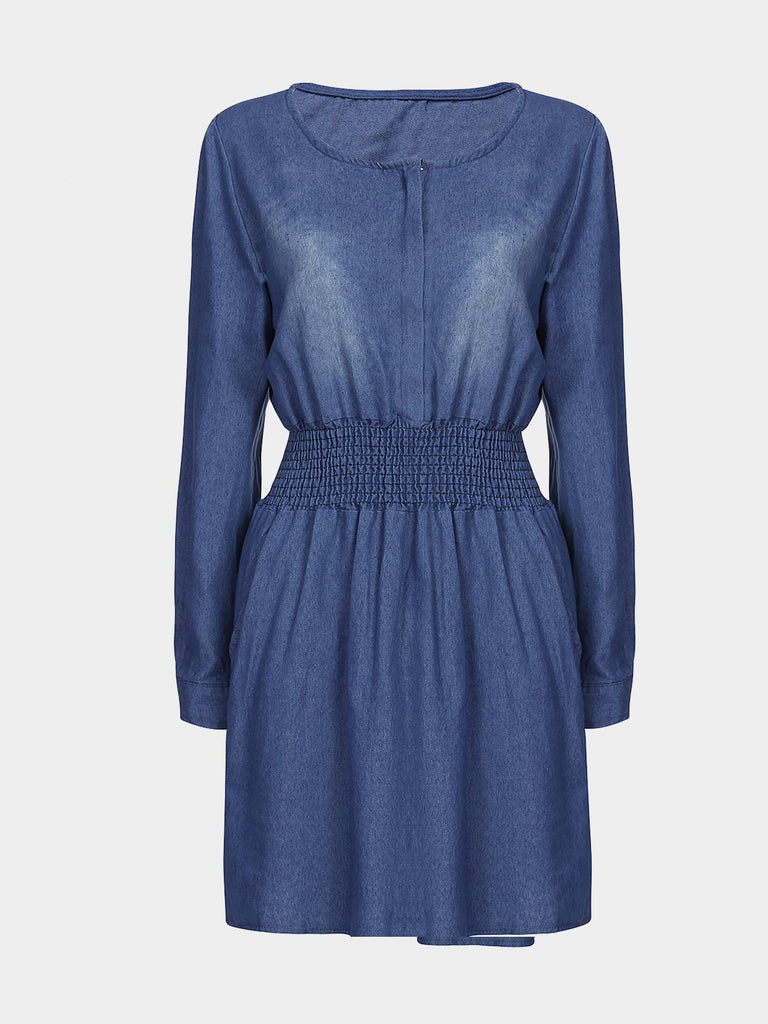 Blue Round Neck Long Sleeve Plain Casual Dress