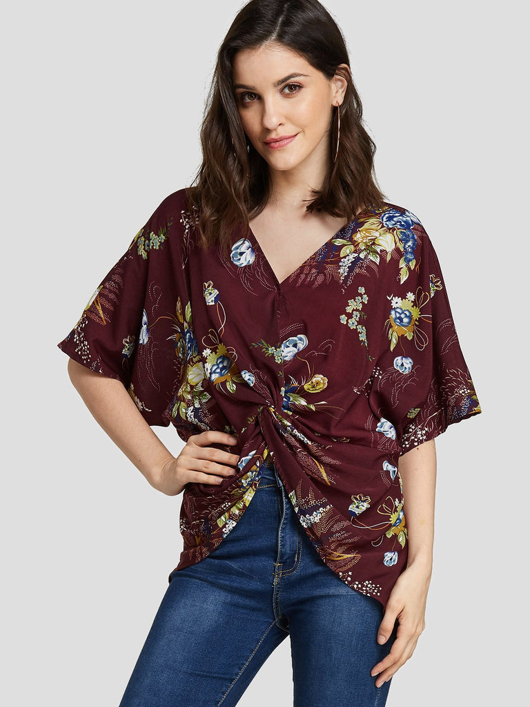 V-Neck Floral Print Short Sleeve Burgundy T-Shirts