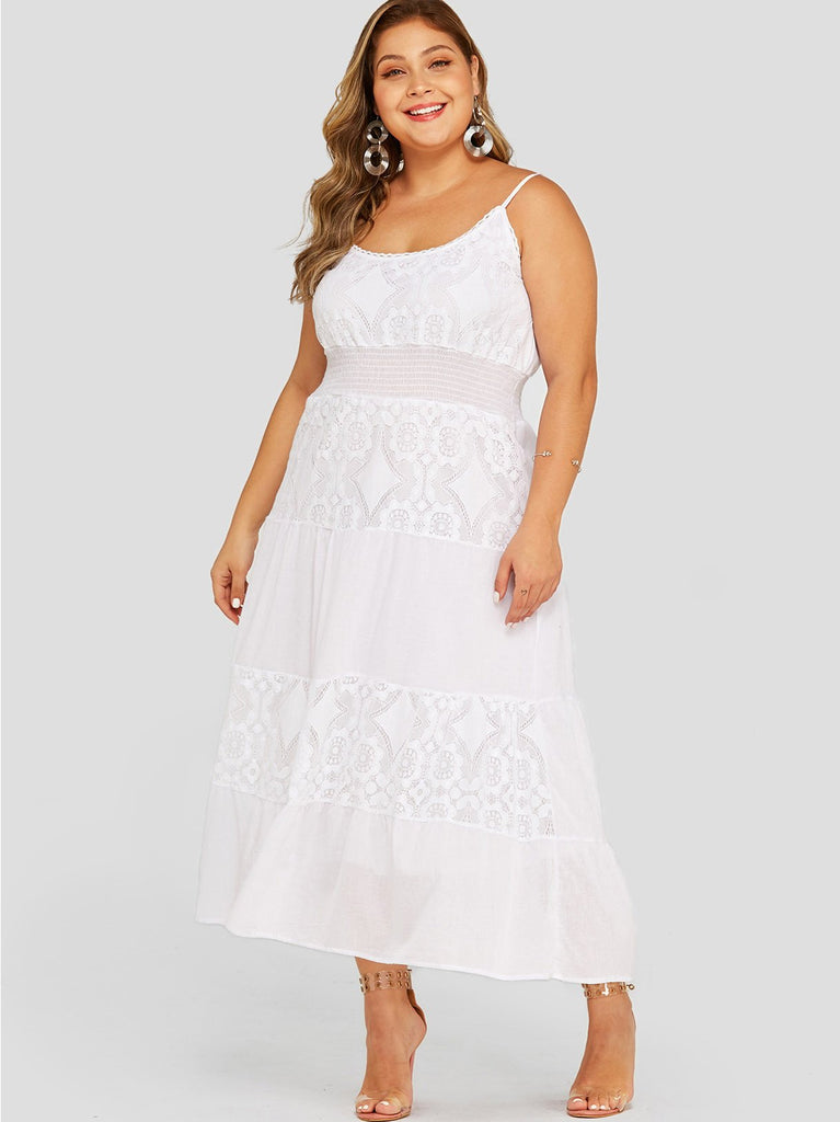 Scoop Neck Plain Lace Spaghetti Strap Sleeveless White Plus Size Dress