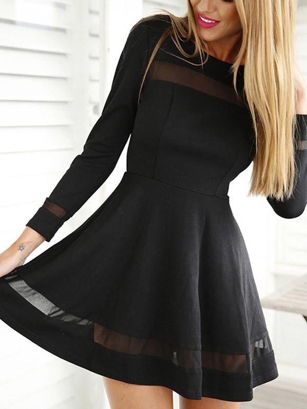 Black Round Neck Long Sleeve Plain Mini Dresses