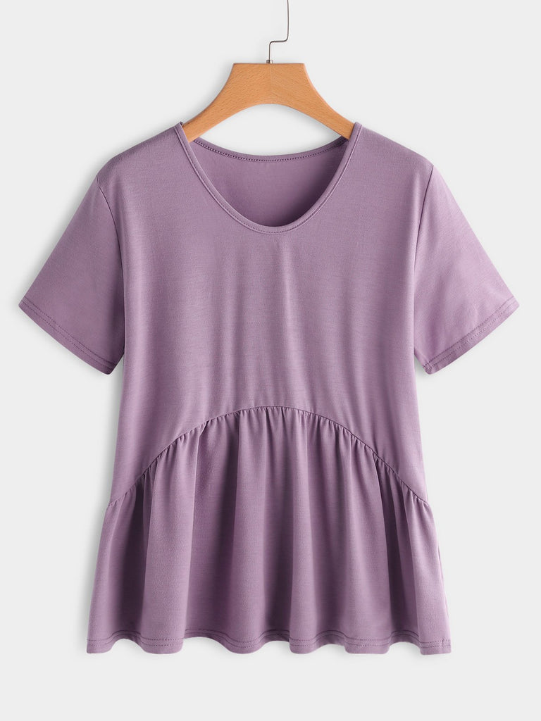 Round Neck Plain Pleated Short Sleeve Purple Plus Size Tops