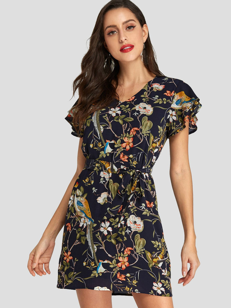 Navy V-Neck Short Sleeve Floral Print Belt Self-Tie Dresses