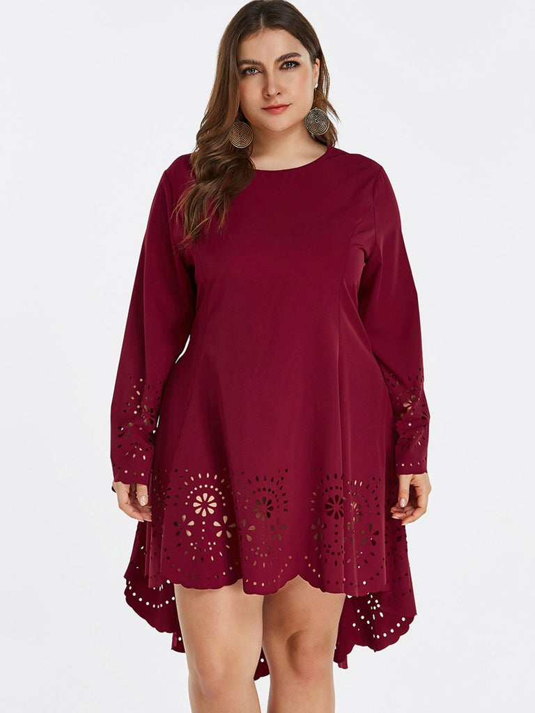 Round Neck Plain Hollow Long Sleeve High-Low Hem Red Plus Size Dress