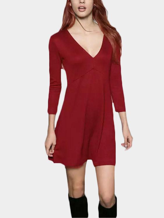 Red 3/4 Length Sleeve Pleated Ruffle Hem Dresses