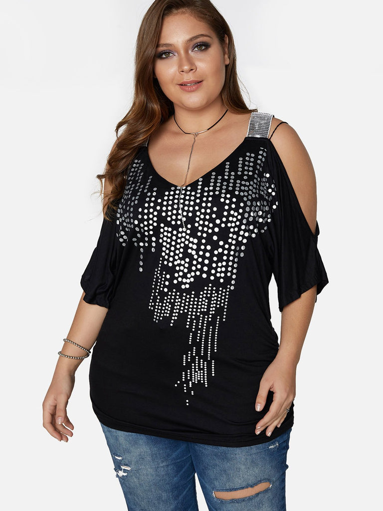 V-Neck Cold Shoulder Polka Dot Cut Out Half Sleeve Black Plus Size Tops