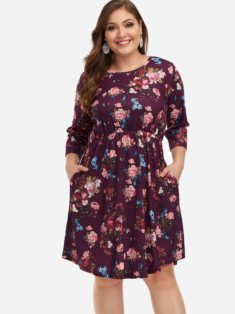 Round Neck Floral Print 3/4 Sleeve Plus Size Midi Dresses