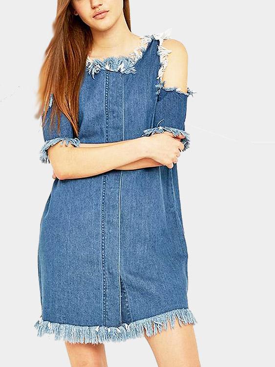 Blue Tassel Hem Casual Dresses