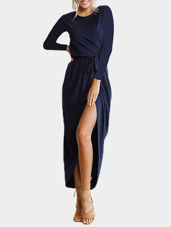 Navy Long Sleeve Plain Irregular Hem Maxi Dress