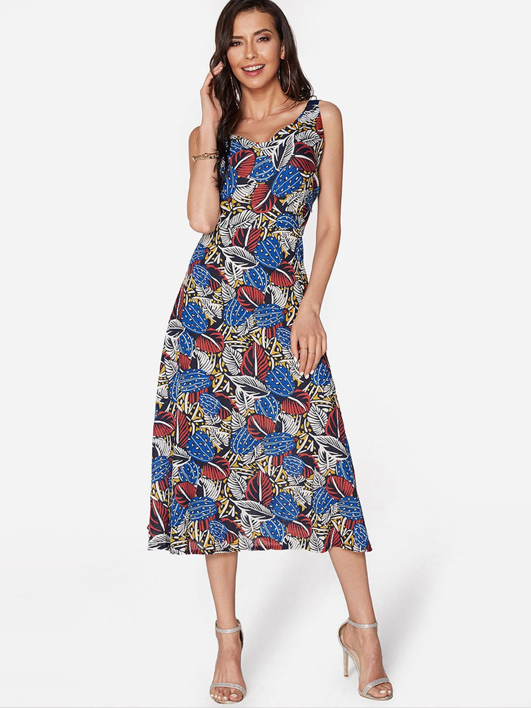 V-Neck Floral Print Spaghetti Strap High Waist Dress