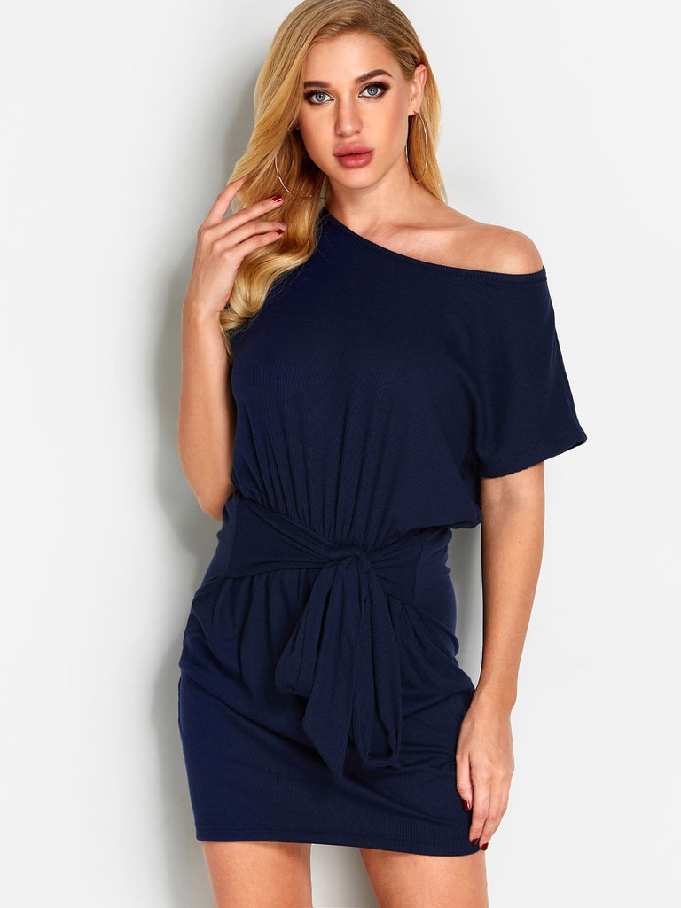 Navy Round Neck One Shoulder Short Sleeve Lace-Up Sexy Dresses