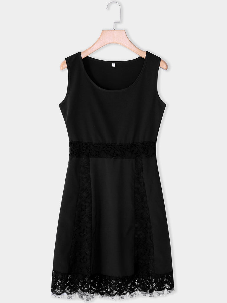 Black Round Neck Sleeveless Plain Lace Hollow Tassel Hem Mini Dress