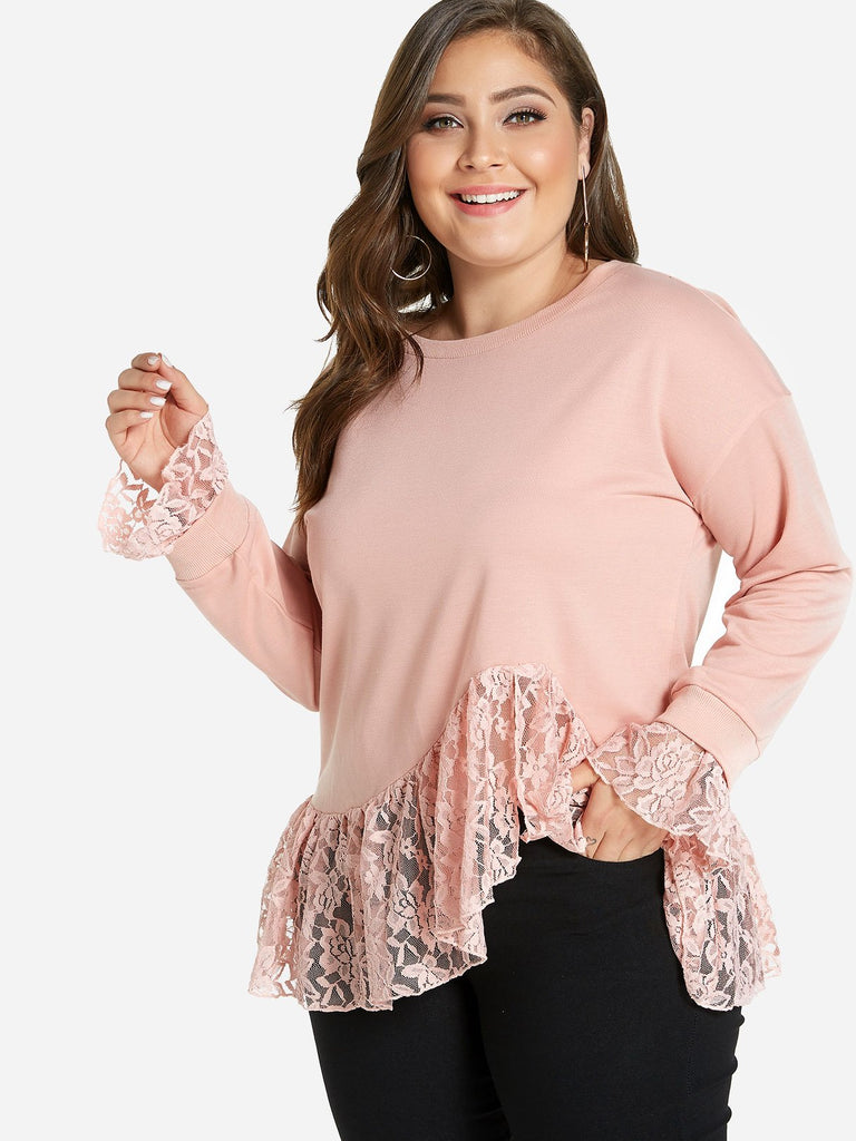 Round Neck Plain Lace Long Sleeve Pink Plus Size Tops