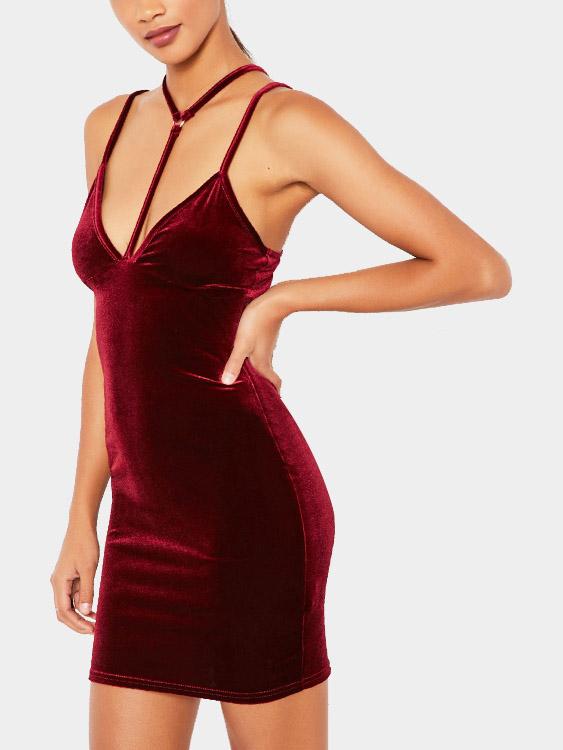 Burgundy V-Neck Sleeveless Plain Spaghetti Strap Sexy Dresses