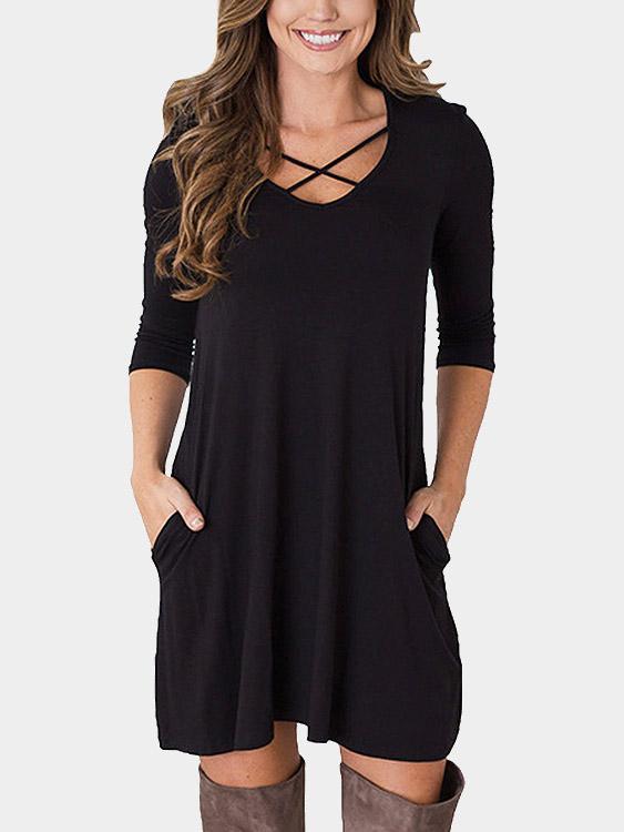 Black Round Neck Long Sleeve Plain Casual Dress