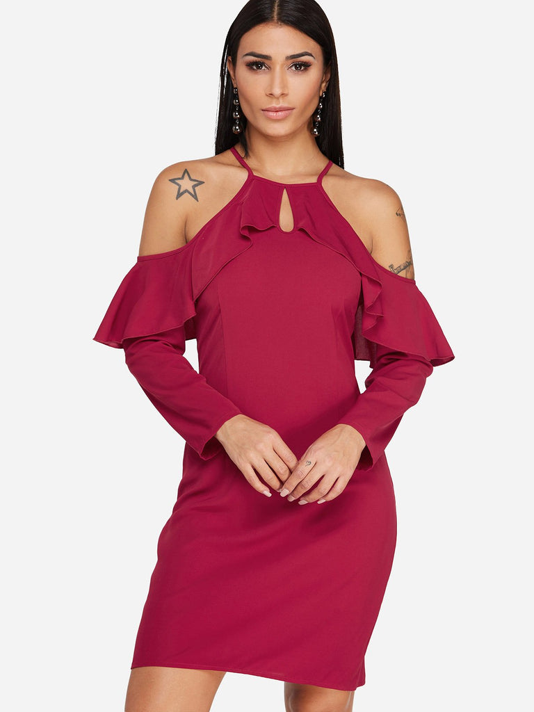 Burgundy Cold Shoulder Long Sleeve Plain Cut Out Sexy Dresses