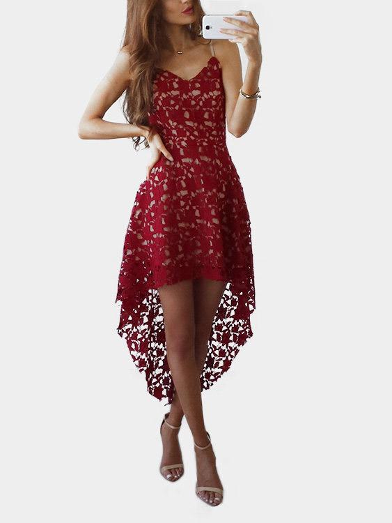 Burgundy V-Neck Sleeveless Lace Irregular Hem Dresses