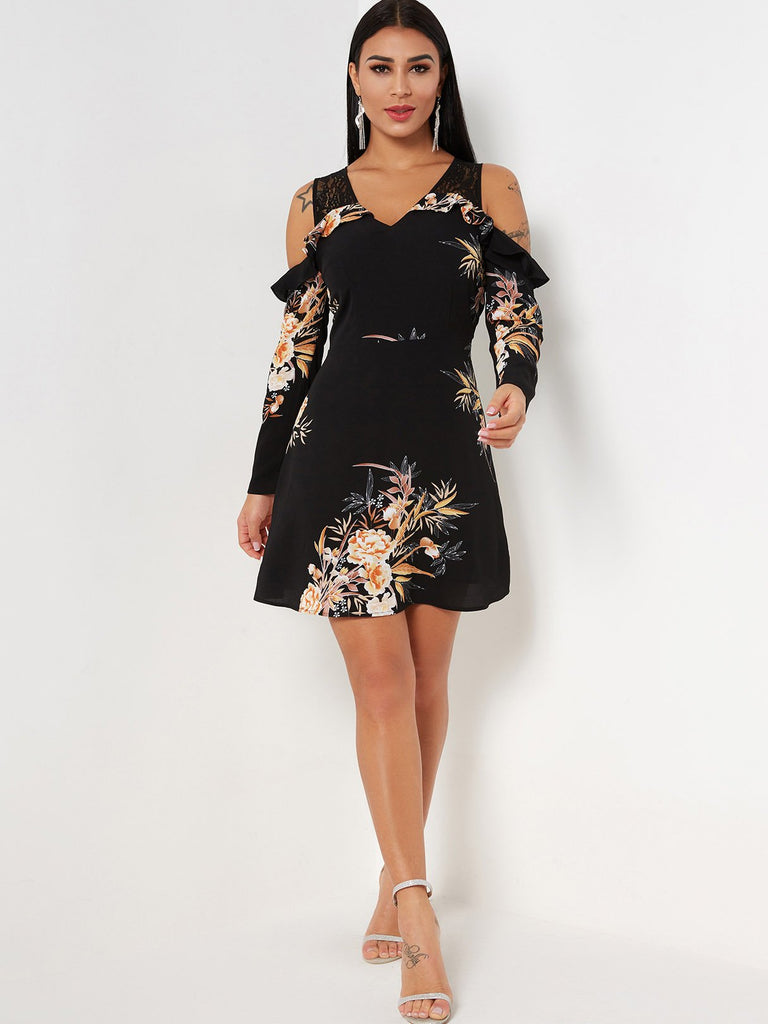 Black V-Neck Cold Shoulder Long Sleeve Floral Print Lace See Through Dresses