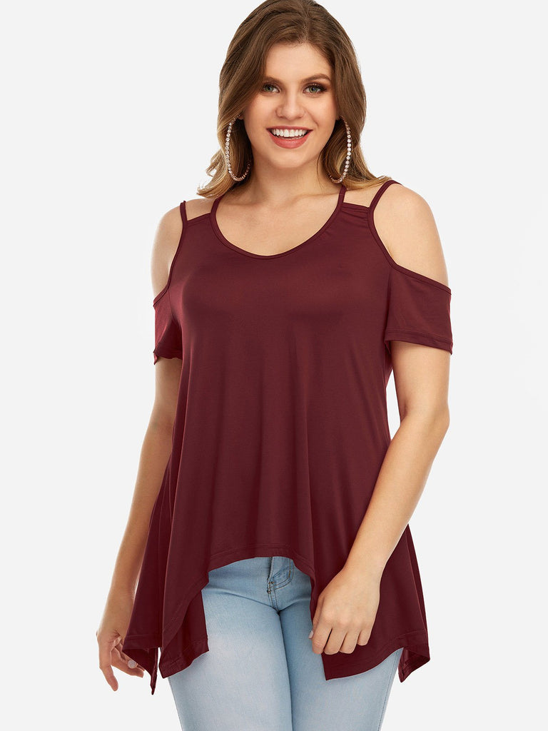 Round Neck Cold Shoulder Plain Backless Cut Out Short Sleeve Irregular Hem Burgundy Plus Size Tops