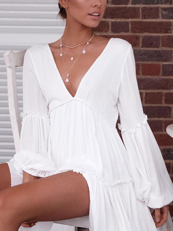 Womens White V-Neck Dresses