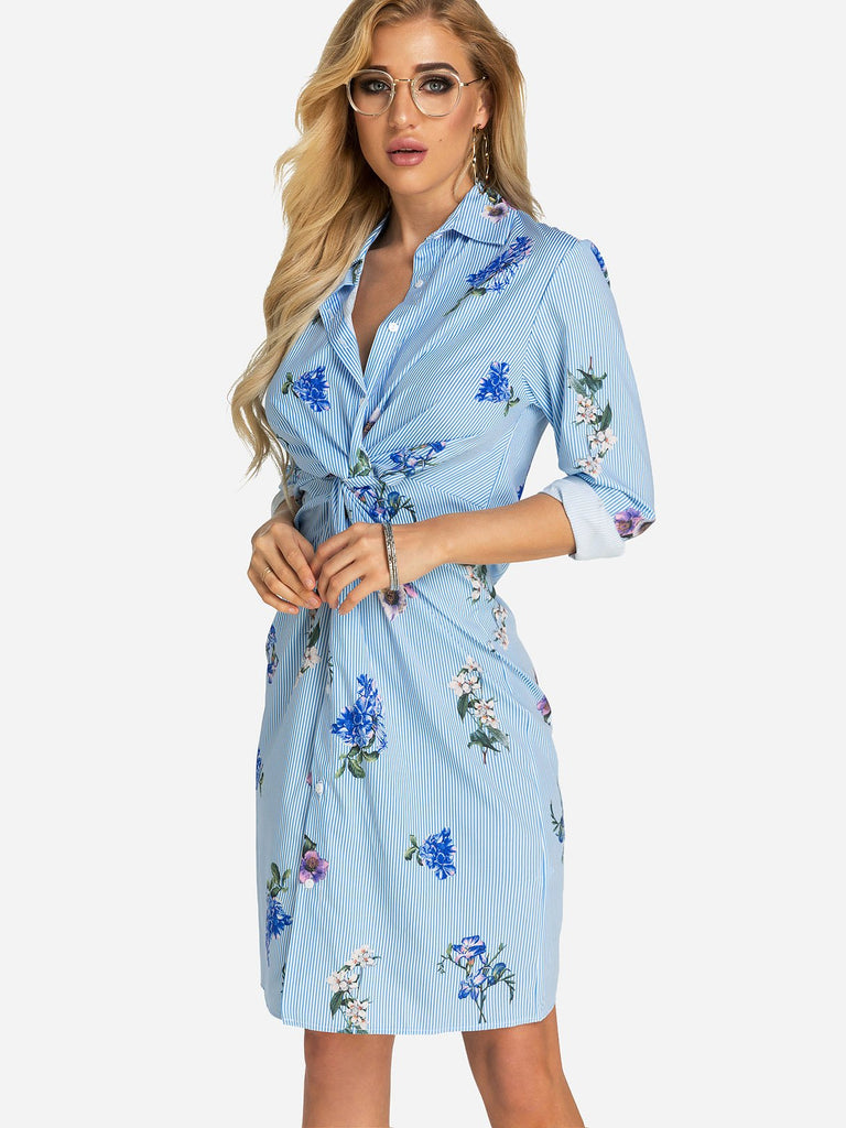 Blue Classic Collar Long Sleeve Stripe Floral Print Dress