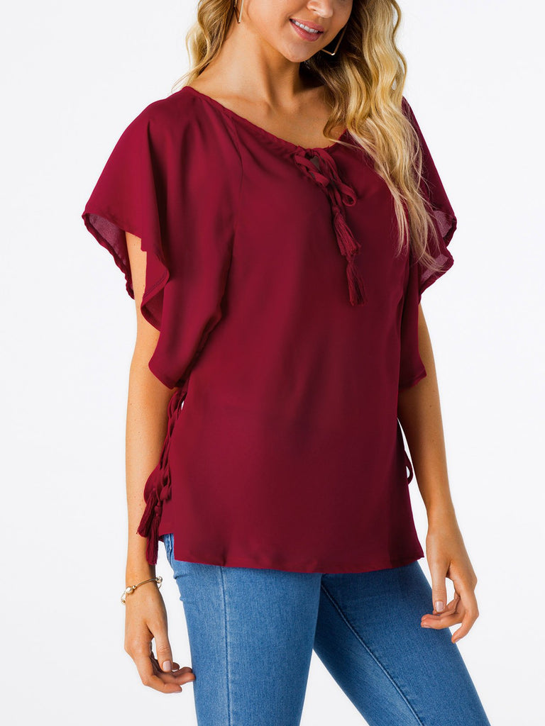 Round Neck Plain Lace-Up Cut Out Short Sleeve Burgundy T-Shirts