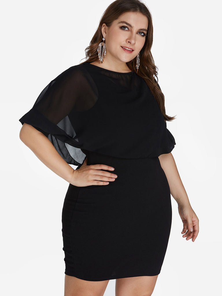 Round Neck Plain Tiered Half Sleeve Black Plus Size Mini Dress