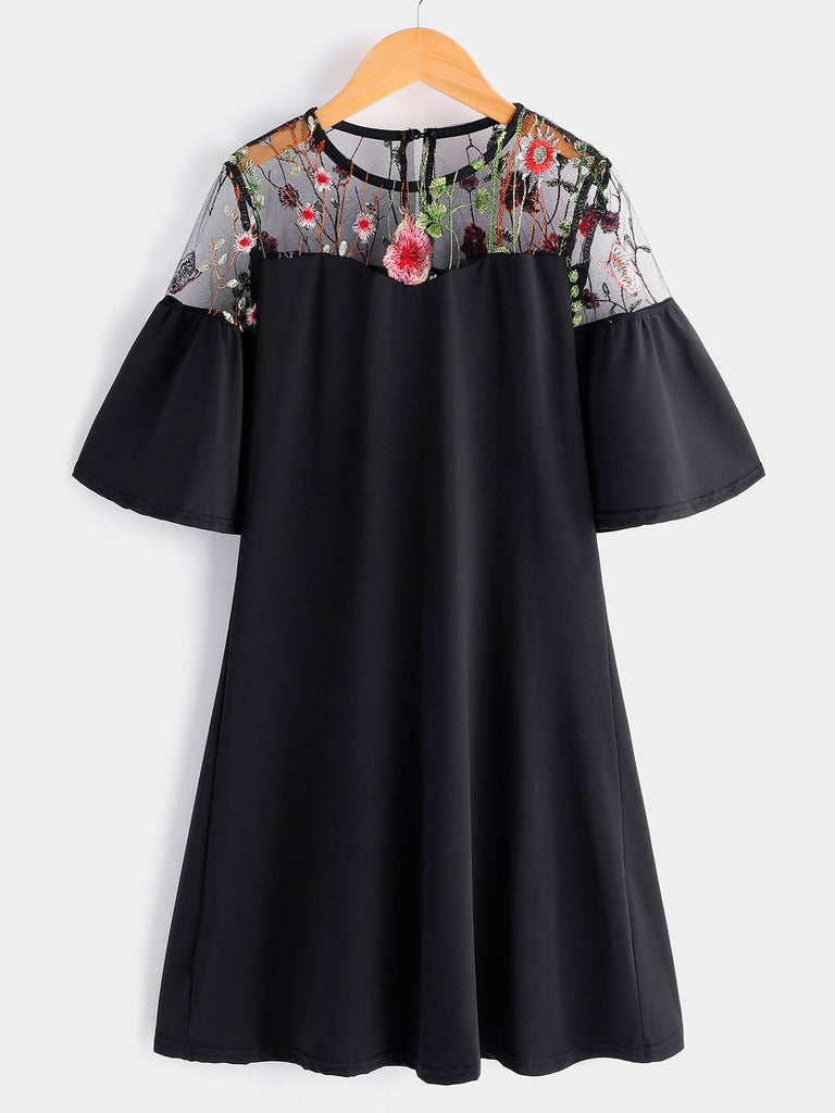 Black Round Neck Short Sleeve Floral Print Embroidered Casual Dresses