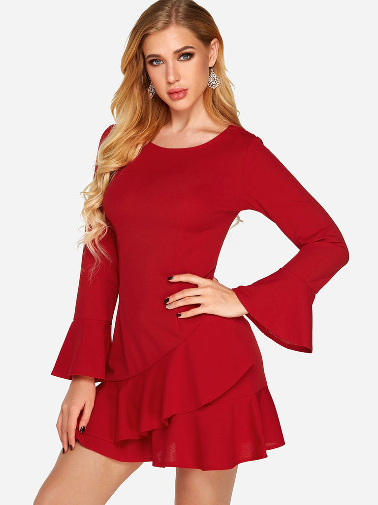 Red Round Neck Long Sleeve Zip Back Flounced Hem Sexy Dress