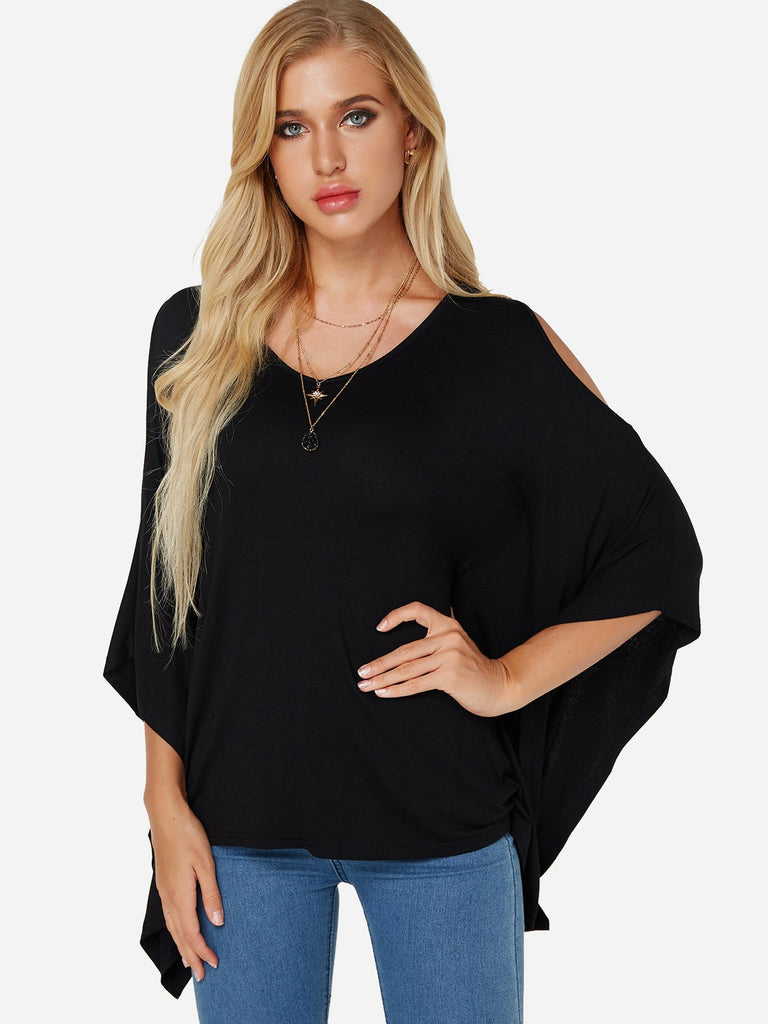 V-Neck Cold Shoulder Plain 3/4 Sleeve Black T-Shirts