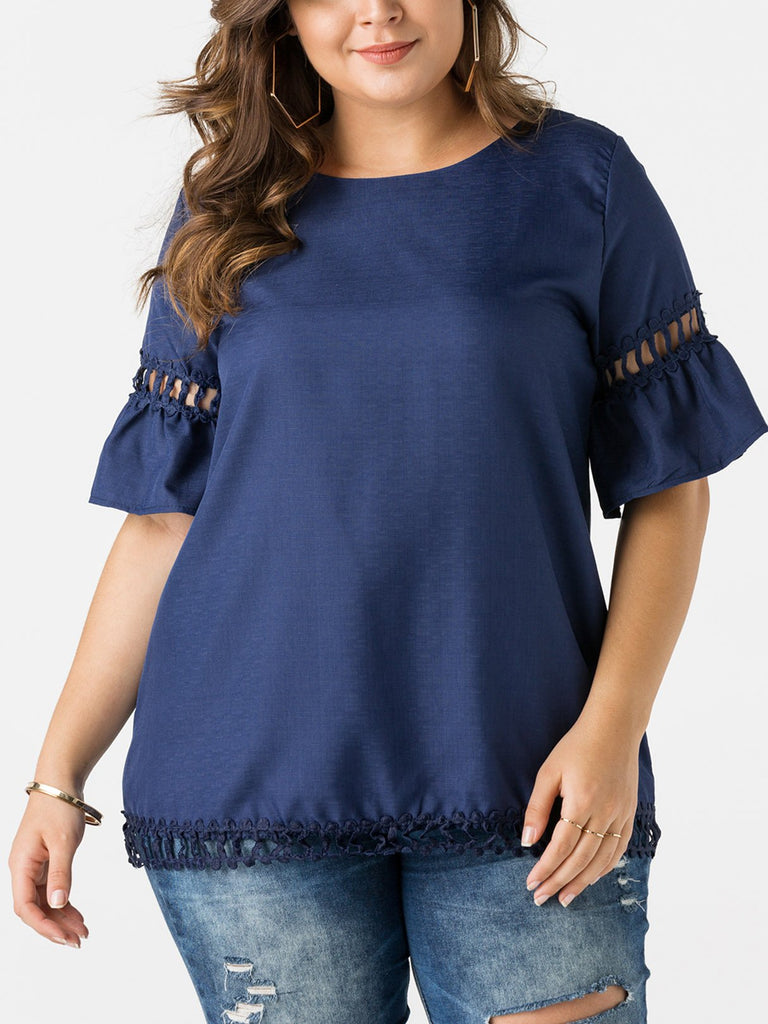 Round Neck Plain Crochet Lace Embellished Zip Back Half Sleeve Blue Plus Size Tops