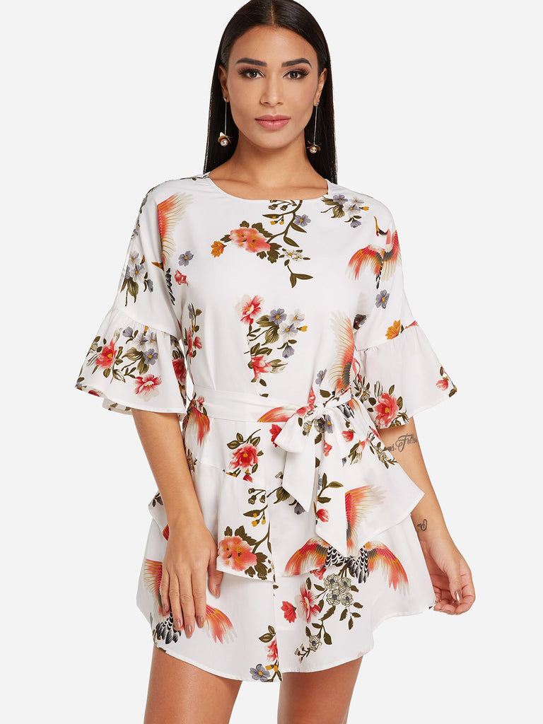 White Round Neck Short Sleeve Floral Print Tiered Self-Tie Flounced Hem Dresses