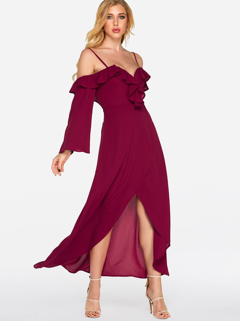 Burgundy Cold Shoulder Long Sleeve Zip Back Backless Irregular Slit Hem Sexy Dress