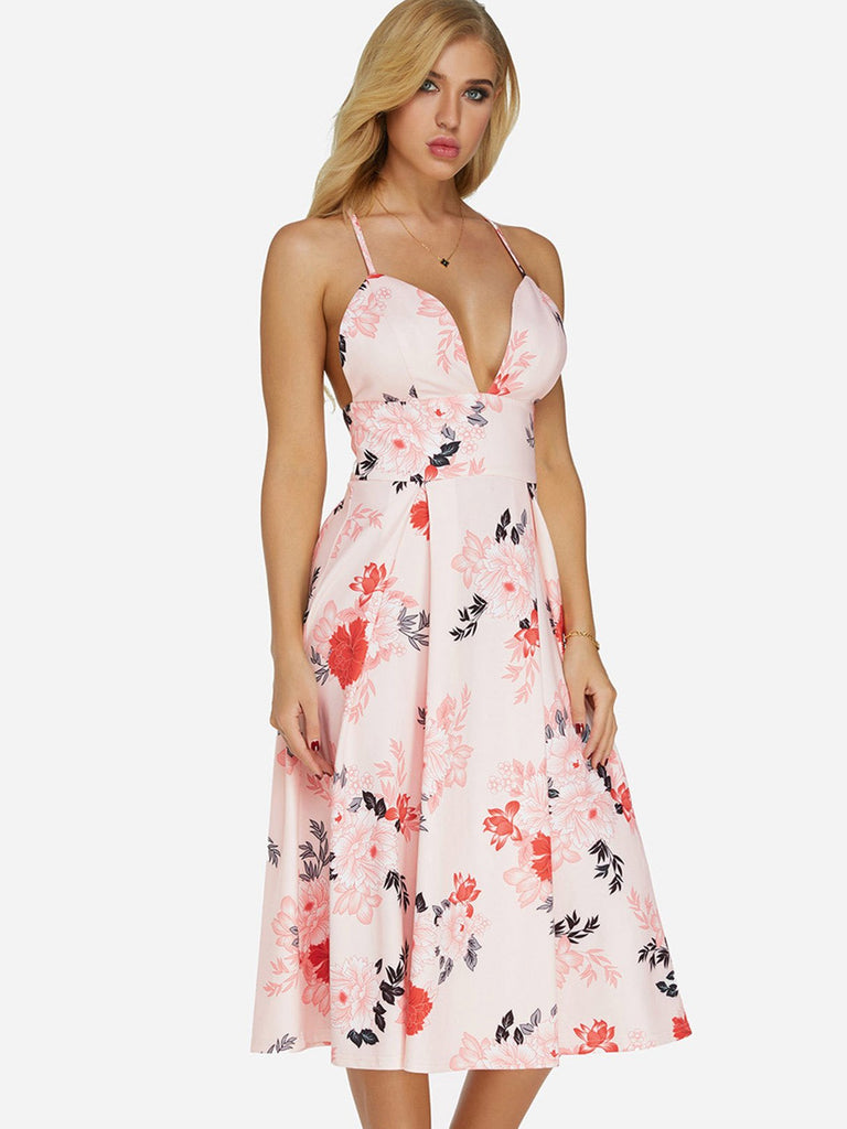 Pink V-Neck Sleeveless Floral Print Backless High-Waisted Dresses