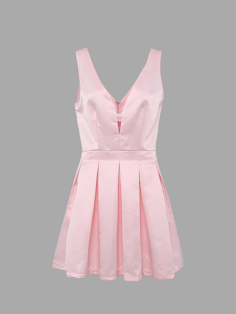 Pink Sleeveless Zip Back Ruffle Hem Casual Dress