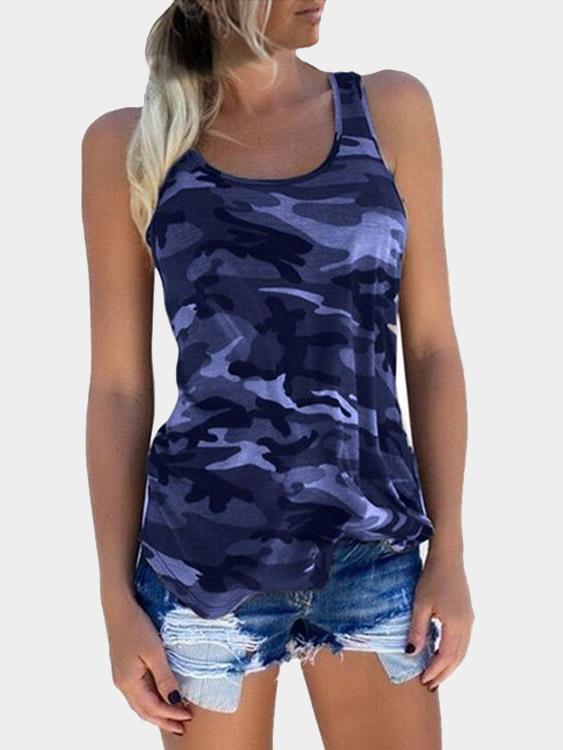 Round Neck Camouflage Sleeveless Purple Tank Top