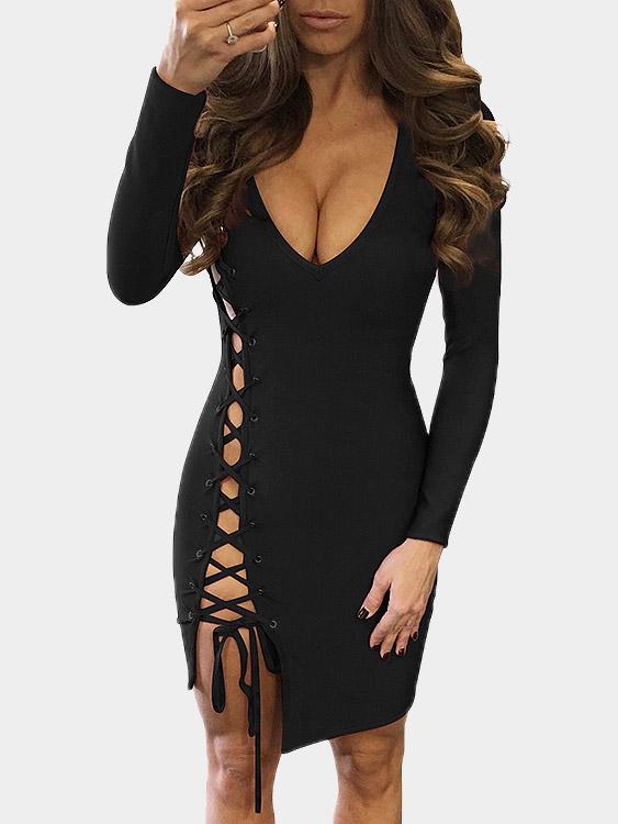 Black Long Sleeve Plain Bodycon Hem Sexy Dresses