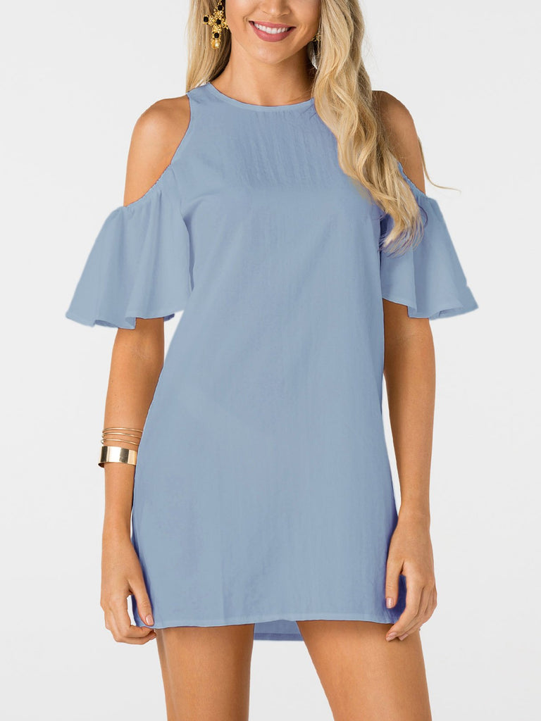 Blue Round Neck Short Sleeve Plain Zip Back Mini Dress