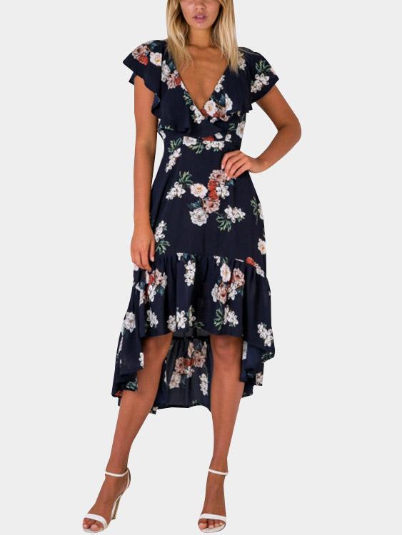 Navy V-Neck Sleeveless Floral Print Backless Flounced Hem Dresses